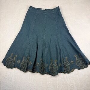Vintage Boho April Cornell Denim Embroidered Scalloped Hem Midi Skirt M Prairie